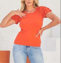 Blusa blusinha canelada gola rasa manga babado casual feminina