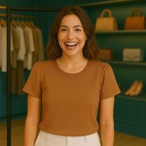 Blusa Blusinha Com Manga Feminina Canelada Basica Lisa Tendência