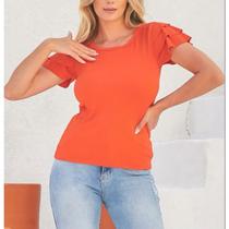 Blusa blusinha malha canelada gola rasa manga babado casual feminina