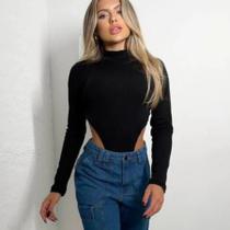 Blusa Body Collant Feminino Cavado Gola Alta Manga Longa