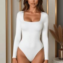 Blusa Body Feminino Decote Quadrado Manga Longa Suplex Liso