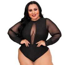 Blusa Body Plus Size Lurex Brilho Decotado Manga Tule Blusa Body Plus Size Lurex Brilho Decotado Manga Tule