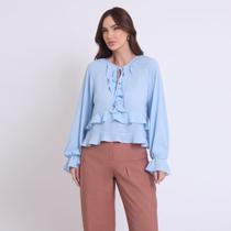 Blusa Boho Babados Azul Manga Longa Miss Joy 8282