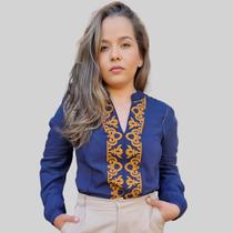 Blusa Bordada Manga Longa em Viscose Azul Marinho Ramo Selvagem