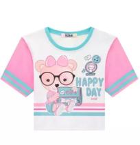 Blusa Boxy Feminina Infantil Meia Malha Menina Manga Curta em Tela Kukiê Blusa Boxy Feminina Infantil Meia Malha Menina Manga Curta em Tela Kukiê