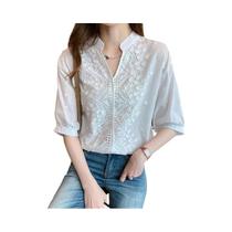 Blusa Branca De Crochê Com Decote Em V, Manga Curta, Estilo Vintage, Top De Algodão Para Mulheres