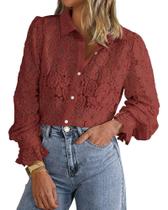 Blusa BTFBM de renda de manga comprida para mulheres, primavera de 2025, marrom, vermelha