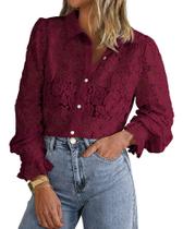 Blusa BTFBM de renda de manga comprida para mulheres vinho tinto tamanho L