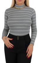 Blusa Cacharrel Listrada Manga Longa Tricô Gola Alta Inverno