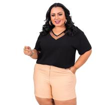 Blusa Camisa Feminina Duna Plus Size Detalhe De Tule Decote V 2505