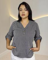 Blusa Camisa Social Listrada Feminina Botão Viscolinho Clara Blusa Camisa Social Listrada Feminina Botão Viscolinho Clara
