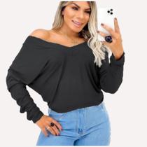 Blusa Camiseta Feminina Manga Longa Ampla Plus Size Malha Ombro a Ombro