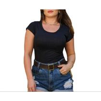 Blusa canelada básica feminina gola rasa manga curta