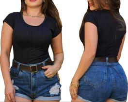 Blusa canelada básica gola rasa manga curta tendência feminina