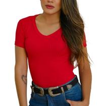 Blusa canelada básica gola v manga curta feminina fashion