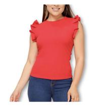 Blusa canelada cavada babado casual elegante feminina