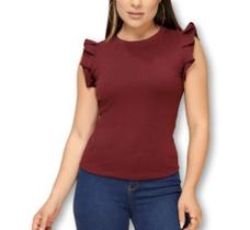 Blusa canelada cavada babado casual feminina fashion