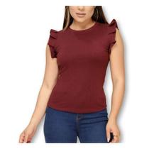 Blusa canelada cavada babado casual feminina