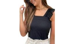 Blusa canelada feminina alça larga babado decote reto fashion