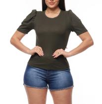 blusa canelada feminina gola rasa manga curta bufante fashion