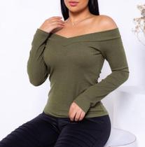 Blusa canelada feminina manga longa decote ombro a ombro elegante