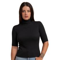 Blusa Canelada Gola Alta Manga Alongada 3/4 Casual Elegante Moda Feminina