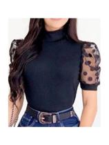 Blusa canelada gola alta manga poa elegante moda