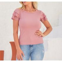 Blusa canelada gola rasa manga babado casual feminina moda confortável