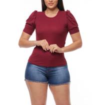 Blusa canelada gola rasa manga curta bufante feminina