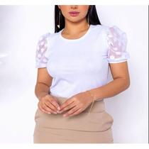 Blusa canelada gola rasa manga curta tule poa roupa feminina