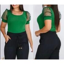 Blusa canelada gola rasa manga curta tule poa tendencia feminina