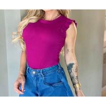 Blusa canelada gola rasa regata babado feminina fashion - Filó Modas