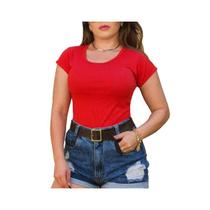 Blusa canelada manga curta gola rasa modelo feminino