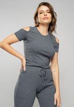 Blusa Canelada Manga Curta Ombro Vazado Grafite Salvatore Fashion Blusa Canelada Manga Curta Ombro Vazado Grafite Salvatore Fashion