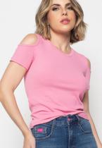 Blusa Canelada Manga Curta Ombro Vazado Rosa Salvatore Blusa Canelada Manga Curta Ombro Vazado Rosa Salvatore