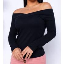 Blusa canelada manga longa decote ombro a ombro casual elegante feminina