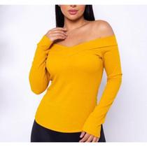 Blusa canelada manga longa decote ombro a ombro casual feminina