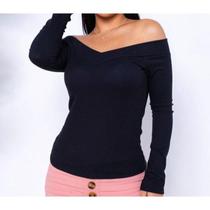 Blusa canelada manga longa decote ombro a ombro casual moda feminina