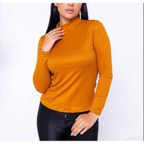 Blusa canelada manga longa gola alta básica casual tendência feminina