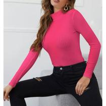 Blusa canelada manga longa gola alta feminina estilo