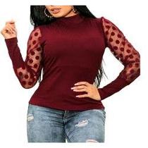 Blusa canelada manga longa tule gola alta feminina