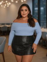Blusa Canelada Ombro a Ombro Plus Size Manga Comprida Ajustável Blusa De Frio Elegante