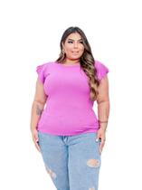 Blusa canelada plus size gola rasa manga curta 2 babados moda casual feminina tendencia