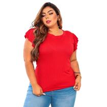 Blusa canelada plus size manga curta dois babados tamanho grande feminino estilo exclusivo