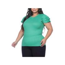 Blusa canelada plus size manga curta três babados roupa feminina