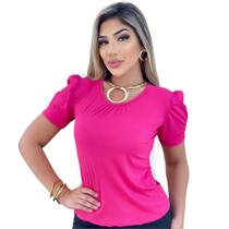 Blusa Canelado Feminino Gola Careca Manga Princesa Com Detalhe de Botões Canelada Feminina da Moda