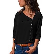 Blusa casual de chiffon de manga comprida para mulheres - preta