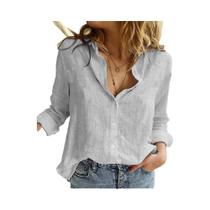 Blusa Casual Elegante De Algodão E Linho Para Mulheres, Manga Longa, Com Botões E Gola, Camisa Solta