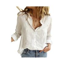 Blusa Casual Elegante De Algodão E Linho Para Mulheres, Manga Longa, Com Botões E Gola, Camisa Solta