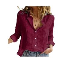 Blusa Casual Elegante De Algodão E Linho Para Mulheres, Manga Longa, Com Botões E Gola, Camisa Solta